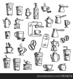 Coffee icons with takeaway cups, beans and coffee pots, coffee grinder, cappuccino and espresso, percolator and coffee machine. Coffee cups, beans, grinder and pots