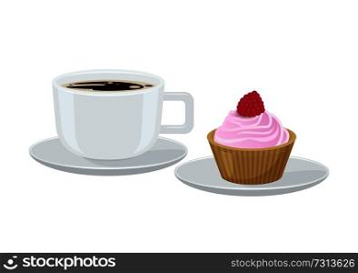 Coffee in cup, and cupcake with cream and raspberry on top, pink sweet bakery in plate and beverage, vector illustration isolated on white background. Coffee and Cupcake with Cream Vector Illustration
