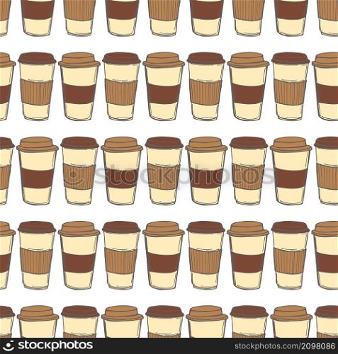 Coffee in paper cups on white background. Vector seamless pattern.. Coffee in paper cups. Vector pattern.