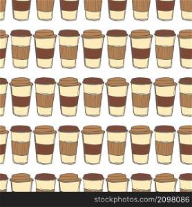 Coffee in paper cups on white background. Vector seamless pattern.. Coffee in paper cups. Vector pattern.