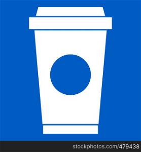 Coffee in take away cup icon white isolated on blue background vector illustration. Coffee in take away cup icon white