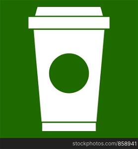 Coffee in take away cup icon white isolated on green background. Vector illustration. Coffee in take away cup icon green
