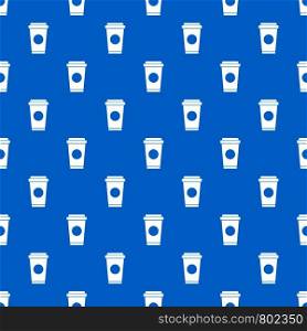 Coffee in take away cup pattern repeat seamless in blue color for any design. Vector geometric illustration. Coffee in take away cup pattern seamless blue