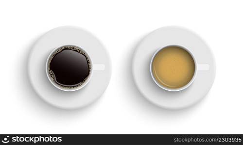 Coffee in white cups view from the top, Black coffee, cappuccino espresso, latte, mocha, americano, isolated on white background, vector illustration