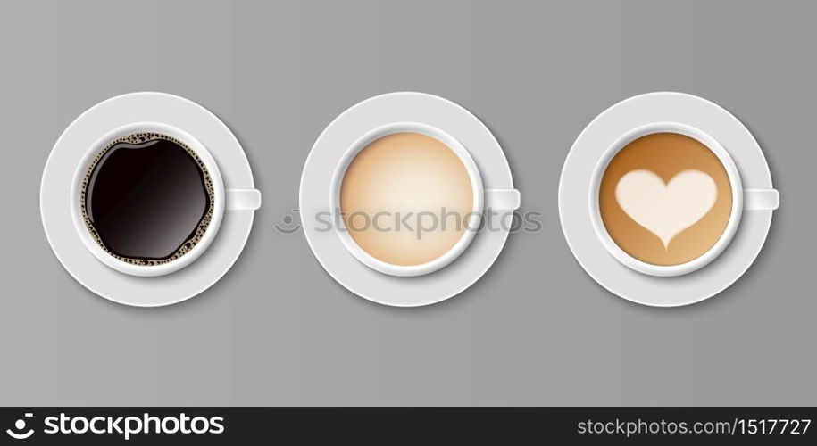 Coffee in white cups view from the top, set of coffee, vector illustration