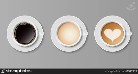 Coffee in white cups view from the top, set of coffee, vector illustration