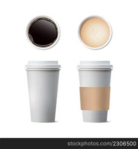 Coffee in white paper cups , Black coffee, cappuccino espresso, latte, mocha, americano, isolated on white background, vector illustration