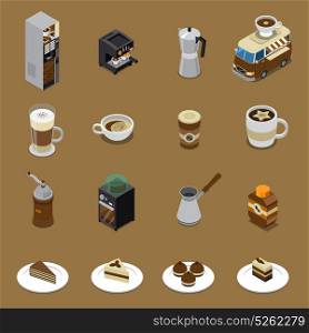 Coffee Isometric Set. Coffee isometric set with beverages and sweets on plates vending machine grinder cezve car isolated vector illustration