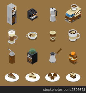 Coffee isometric set with beverages and sweets on plates vending machine grinder cezve car isolated vector illustration . Coffee Isometric Set