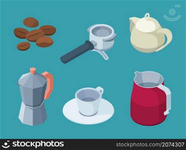 Coffee items. Barista professional equipment coffee machine hot drinks cups espresso black natural beans vector isometric illustrations collection. Coffee espresso cup, equipment to cook beverage. Coffee items. Barista professional equipment coffee machine hot drinks cups espresso black natural beans garish vector isometric illustrations collection