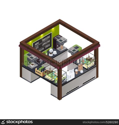 Coffee Kiosk Isometric Composition. Coffee stall outdoor concession stand isometric composition with different coffee varieties menu coffee machine and sweet cakes vector illustration