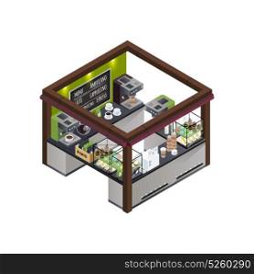 Coffee Kiosk Isometric Composition. Coffee stall outdoor concession stand isometric composition with different coffee varieties menu coffee machine and sweet cakes vector illustration