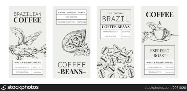 Coffee label. Arabica drink badge with hand drawn graphic of tree plant and beans. Pour over brewer and French press. Packaging design with place for text. Vector caffeine product sketch stickers set. Coffee label. Arabica drink badge with hand drawn graphic of plant and beans. Pour over brewer and French press. Packaging design with place for text. Vector caffeine product stickers set