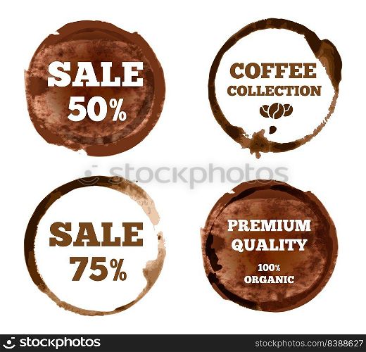 Coffee labels sale stain and premium quality collection of stain label to sale isolated, sign st&grunge, shape banner coffee illustration. Coffee labels sale stain and premium quality collection