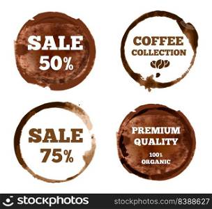 Coffee labels sale stain and premium quality collection of stain label to sale isolated, sign st&grunge, shape banner coffee illustration. Coffee labels sale stain and premium quality collection