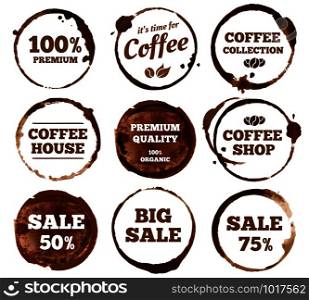 Coffee labels. Watercolor dirty espresso cup ring stain logo. Cups logos stain splash texture with calligraphy. Vector stained insignia restaurant vintage isolated symbol illustration. Coffee labels. Watercolor dirty espresso cup ring stain logo. Vector isolated illustration