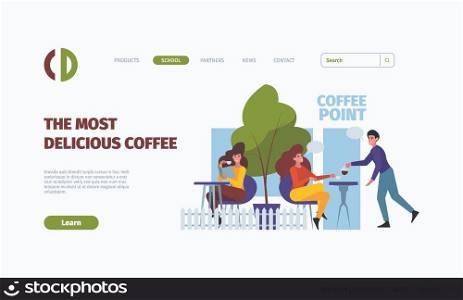 Coffee landing page. Breakfast rest time with hot morning drinks garish vector beverage persons flat illustrations. Coffee breakfast business, cartoon lunch design. Coffee landing page. Breakfast rest time with hot morning drinks garish vector beverage persons flat illustrations