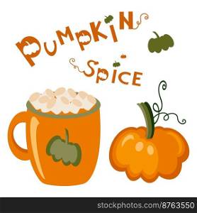 Coffee Latte with Pumpkin, Bright pumpkin and hand drawn lettering says Pumpkin Spice