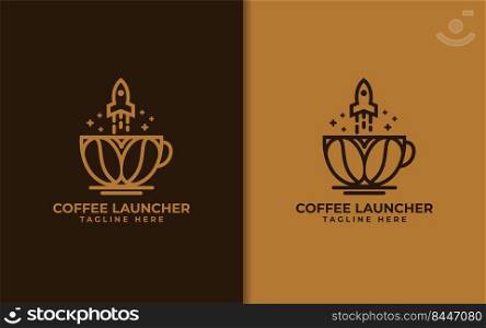 Coffee Launcher Logo Design. Abstract Rocket and Coffee Cup Combination with Minimalist Modern Style Concept.