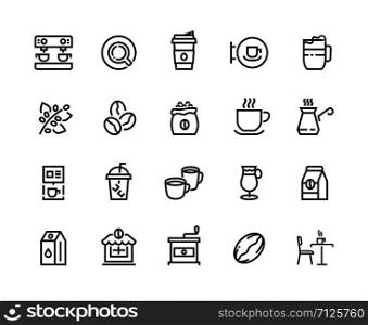 Coffee line icons. Beans take out cups and mugs coffee shop, coffee maker machine and roasting grains. Vector linear illustrations outline latte cappuccino espresso illustrative symbols set. Coffee line icons. Beans take out cups and mugs coffee shop and coffee maker machine. Vector outline latte cappuccino espresso set
