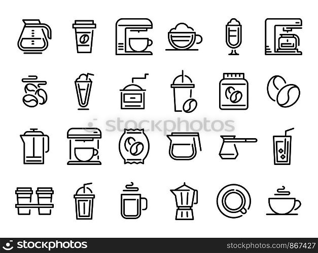 Coffee line icons. Hot drink cup, nature coffee beans and cafe outline pictogram. Cafe espresso bean label, coffee maker machine and pot drink holder. Isolated vector signs set. Coffee line icons. Hot drink cup, nature coffee beans and cafe outline pictogram vector set
