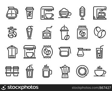Coffee line icons. Hot drink cup, nature coffee beans and cafe outline pictogram. Cafe espresso bean label, coffee maker machine and pot drink holder. Isolated vector signs set. Coffee line icons. Hot drink cup, nature coffee beans and cafe outline pictogram vector set