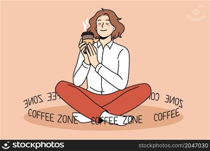 Coffee lover and zone concept. Smiling positive girl sitting holding enjoying cup of fresh brewed coffee drink in hands with lettering around vector illustration . Coffee lover and zone concept