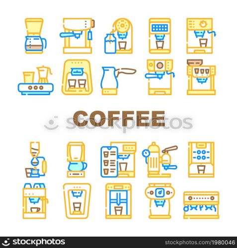 Coffee Machine Barista Equipment Icons Set Vector. Electric Turk For Brewing Energy Drink And Vintage Coffee Machine, Drip Filtration And Geyser Device Technology Line. Color Illustrations. Coffee Machine Barista Equipment Icons Set Vector
