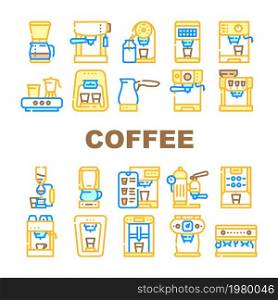 Coffee Machine Barista Equipment Icons Set Vector. Electric Turk For Brewing Energy Drink And Vintage Coffee Machine, Drip Filtration And Geyser Device Technology Line. Color Illustrations. Coffee Machine Barista Equipment Icons Set Vector