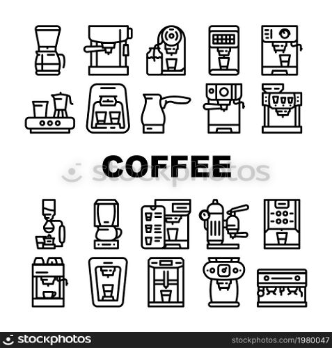 Coffee Machine Barista Equipment Icons Set Vector. Electric Turk For Brewing Energy Drink And Vintage Coffee Machine, Drip Filtration And Geyser Device Technology Black Contour Illustrations. Coffee Machine Barista Equipment Icons Set Vector