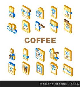 Coffee Machine Barista Equipment Icons Set Vector. Electric Turk For Brewing Energy Drink And Vintage Coffee Machine, Drip Filtration And Geyser Device Technology Isometric Sign Color Illustrations. Coffee Machine Barista Equipment Icons Set Vector