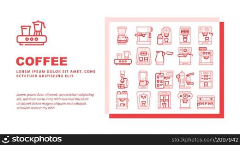 Coffee Machine Barista Equipment Landing Web Page Header Banner Template Vector Electric Turk For Brewing Energy Drink And Vintage Coffee Machine, Drip Filtration Geyser Device Technology Illustration. Coffee Machine Barista Equipment Landing Header Vector