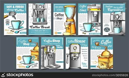 Coffee Machine, Holder And Cup Posters Set Vector. Portafilter, Manual Grinder And Mug With Hot Drink Machine Details. Concept Template Designed In Vintage Style Colorful Illustrations. Coffee Machine, Holder And Cup Posters Set Vector