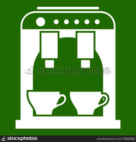 Coffee machine icon white isolated on green background. Vector illustration. Coffee machine icon green