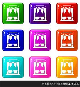 Coffee machine icons of 9 color set isolated vector illustration. Coffee machine icons 9 set