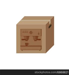 Coffee machine in box. Cardboard box with print of coffee machine.