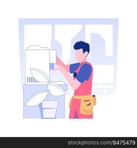 Coffee machine maintenance isolated concept vector illustration. Repairman fixing automatic coffee machine in the office, corporate business, fast maintenance service vector concept.. Coffee machine maintenance isolated concept vector illustration.