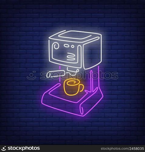 Coffee machine neon sign. Coffee shop, beverage, cafe design. Night bright neon sign, colorful billboard, light banner. Vector illustration in neon style.