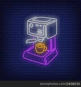 Coffee machine neon sign. Coffee shop, beverage, cafe design. Night bright neon sign, colorful billboard, light banner. Vector illustration in neon style.