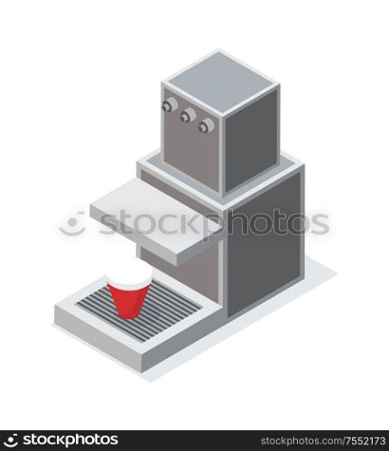 Coffee machine with red cup vector illustration in flat style. Java maker with paper drink, home grey appliances doing hot potables isolated on white. Grey coffee Machine with Red Cup Vector Isolated