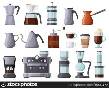 Coffee machines, french press, cezve, pot, aeropress and espresso machine. Coffee brewing tools, cups and coffee pots vector illustration set. Hot drink coffee element. Coffee cup and machine for cafe. Coffee machines, french press, cezve, pot, aeropress and espresso machine. Coffee brewing tools, cups and coffee pots vector illustration set. Hot drink coffee elements