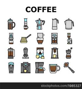 Coffee Make Machine And Accessory Icons Set Vector. Coffee Maker Electronic Device And Aeropress Tool, Syphon And Percolator, Grinder And Tamper For Prepare Energy Drink Line. Color Illustrations. Coffee Make Machine And Accessory Icons Set Vector