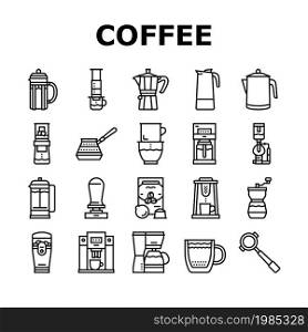 Coffee Make Machine And Accessory Icons Set Vector. Coffee Maker Electronic Device And Aeropress Tool, Syphon And Percolator, Grinder And Tamper For Prepare Energy Drink Black Contour Illustrations. Coffee Make Machine And Accessory Icons Set Vector