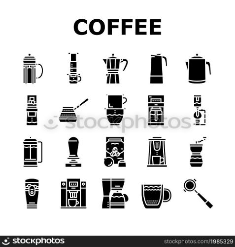 Coffee Make Machine And Accessory Icons Set Vector. Coffee Maker Electronic Device And Aeropress Tool, Syphon Percolator, Grinder Tamper For Prepare Energy Drink Glyph Pictograms Black Illustrations. Coffee Make Machine And Accessory Icons Set Vector