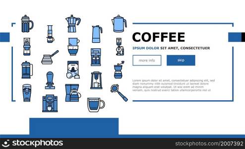 Coffee Make Machine And Accessory Landing Web Page Header Banner Template Vector. Coffee Maker Electronic Device And Aeropress Tool, Syphon And Percolator For Prepare Energy Drink Illustration. Coffee Make Machine And Accessory Landing Header Vector