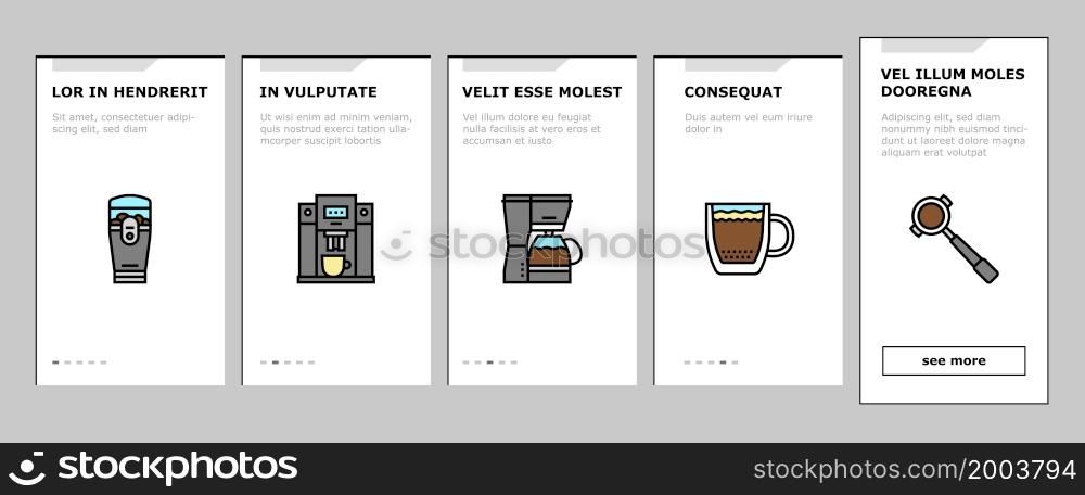 Coffee Make Machine And Accessory Onboarding Mobile App Page Screen Vector. Coffee Maker Electronic Device And Aeropress Tool, Syphon And Percolator, Grinder Tamper Prepare Energy Drink. Illustrations. Coffee Make Machine And Accessory Onboarding Icons Set Vector