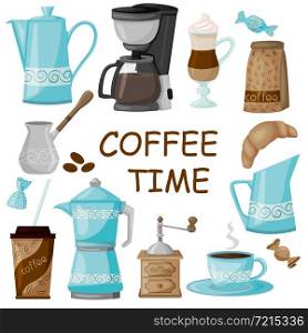 Coffee maker, coffee grinder and everything related to coffee. Vector illustration. Isolated on a white background.