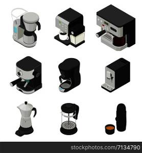 Coffee maker icons set. Isometric set of coffee maker vector icons for web design isolated on white background. Coffee maker icons set, isometric style
