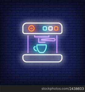Coffee maker machine with cup neon sign. Cafe, beverage concept. Advertisement design. Night bright neon sign, colorful billboard, light banner. Vector illustration in neon style.