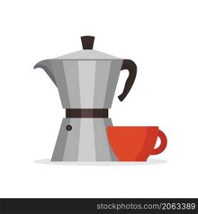 Coffee maker moka and a cup isolated on white background. Italian coffee. Espresso machine. Vector stock